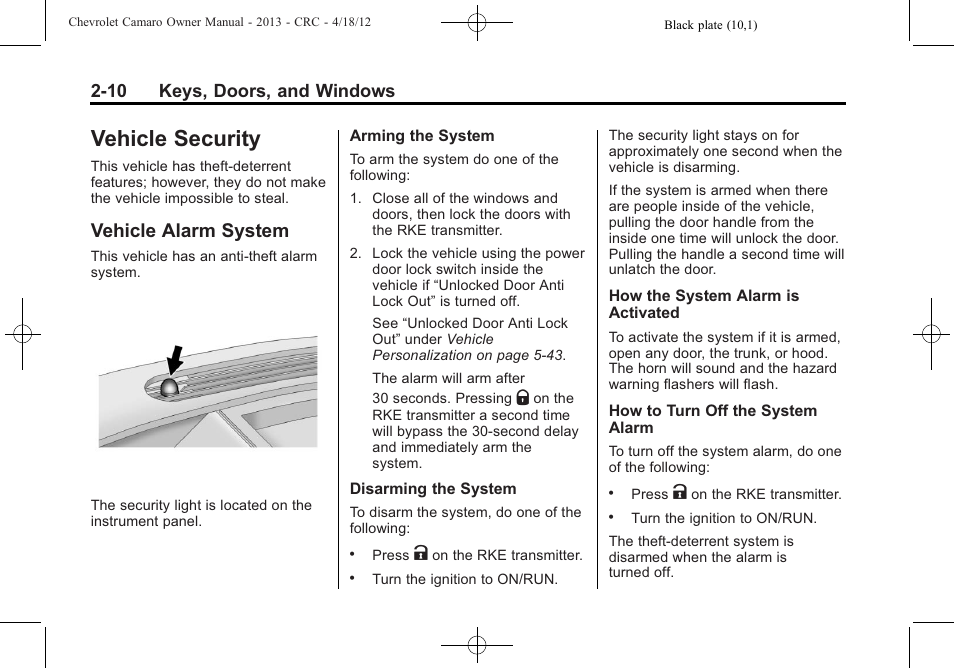 Vehicle security, Vehicle alarm system, 10 keys, doors, and windows | CHEVROLET 2013 Camaro User Manual | Page 36 / 414