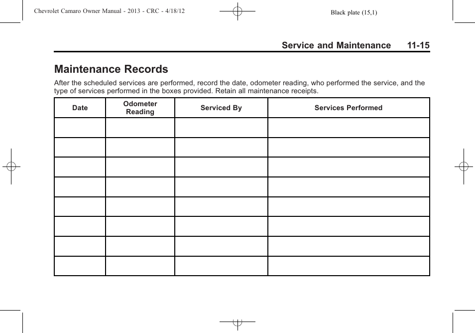 Maintenance records | CHEVROLET 2013 Camaro User Manual | Page 361 / 414