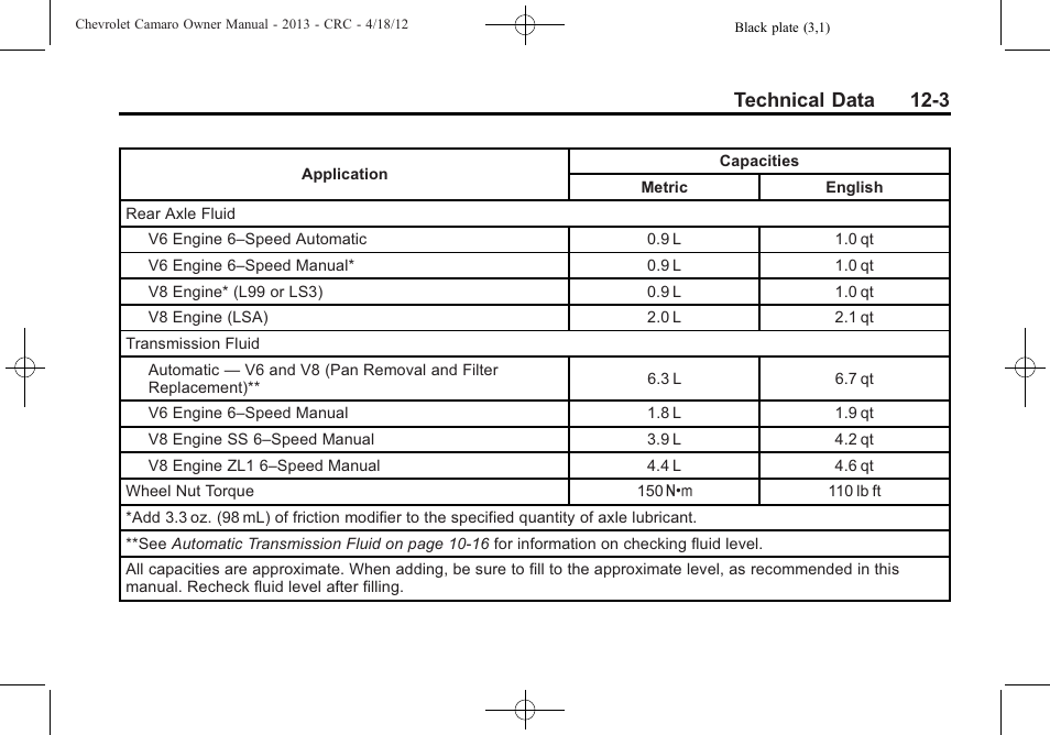 Technical data 12-3 | CHEVROLET 2013 Camaro User Manual | Page 367 / 414