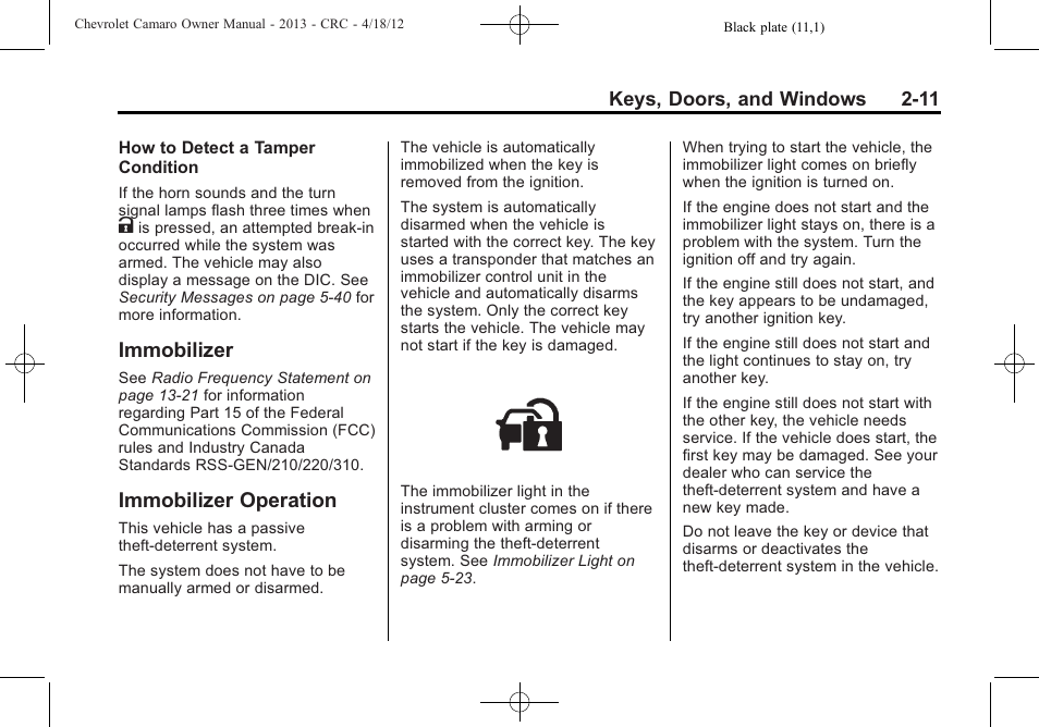 Immobilizer, Immobilizer operation | CHEVROLET 2013 Camaro User Manual | Page 37 / 414