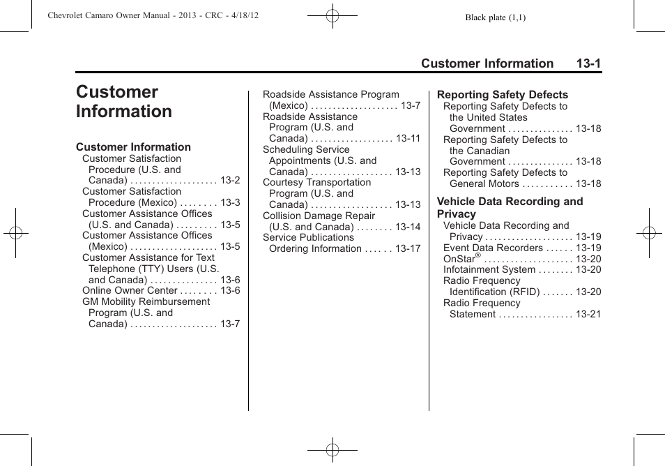Customer information, Customer information 13-1 | CHEVROLET 2013 Camaro User Manual | Page 371 / 414