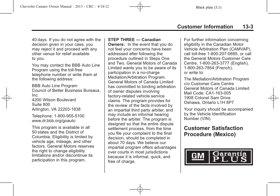 Customer satisfaction procedure (mexico) | CHEVROLET 2013 Camaro User Manual | Page 373 / 414