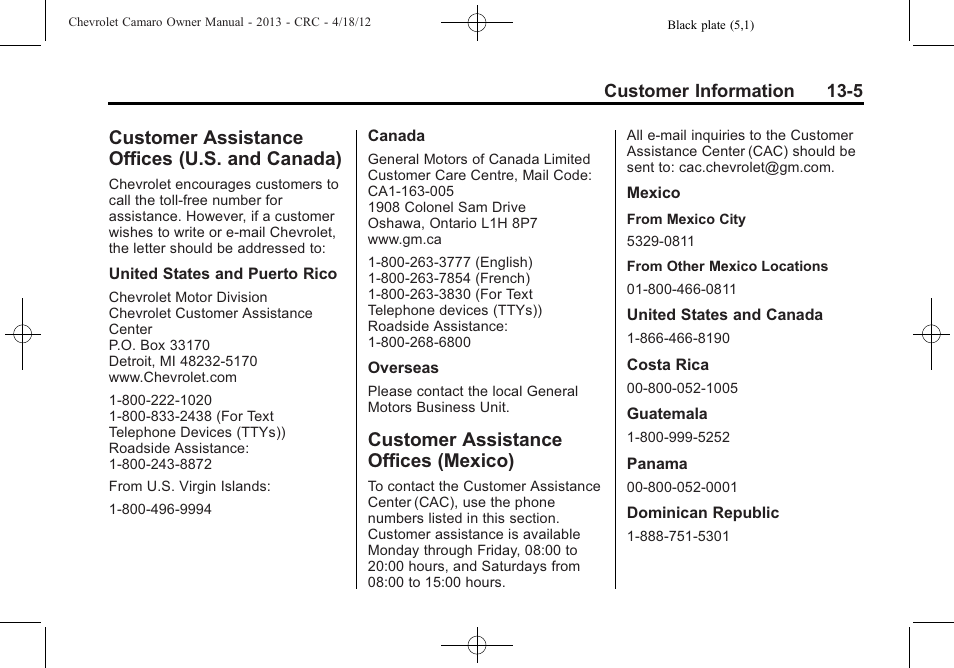 Customer assistance offices (u.s. and canada), Customer assistance offices (mexico) | CHEVROLET 2013 Camaro User Manual | Page 375 / 414