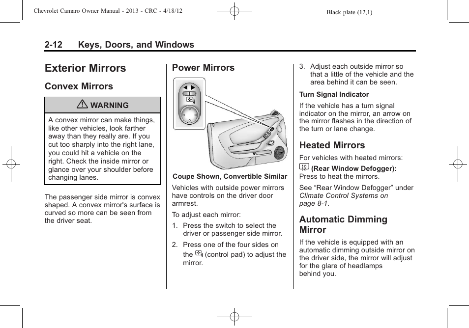 Exterior mirrors, Convex mirrors, Power mirrors | Heated mirrors, Automatic dimming mirror | CHEVROLET 2013 Camaro User Manual | Page 38 / 414