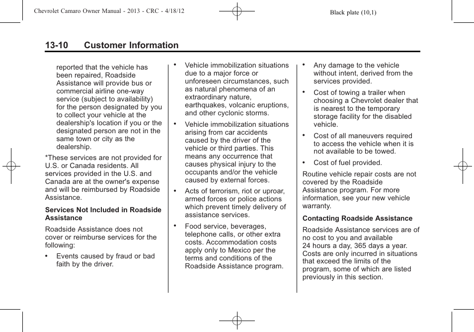 10 customer information | CHEVROLET 2013 Camaro User Manual | Page 380 / 414
