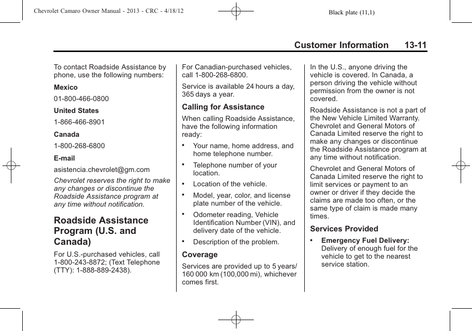 Roadside assistance program (u.s. and canada), Customer information 13-11 | CHEVROLET 2013 Camaro User Manual | Page 381 / 414