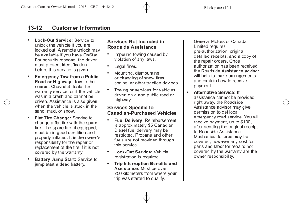 12 customer information | CHEVROLET 2013 Camaro User Manual | Page 382 / 414