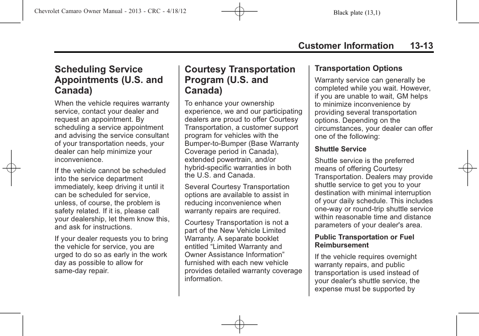 Scheduling service appointments (u.s. and canada), Courtesy transportation program (u.s. and canada) | CHEVROLET 2013 Camaro User Manual | Page 383 / 414