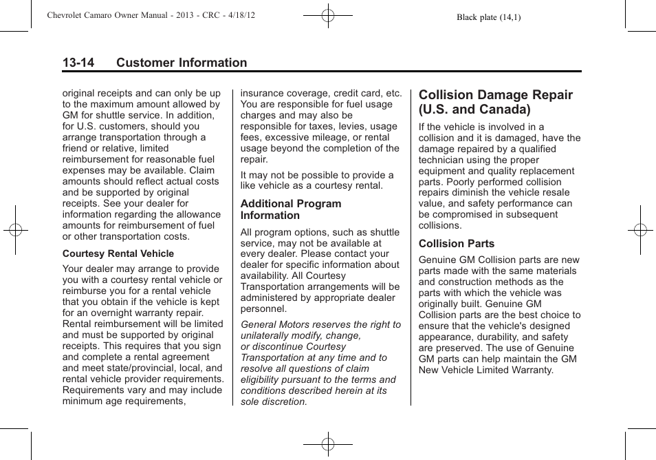 Collision damage repair (u.s. and canada) | CHEVROLET 2013 Camaro User Manual | Page 384 / 414