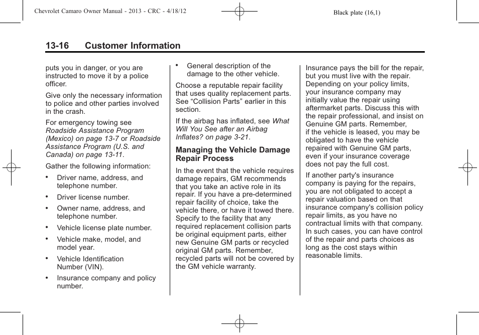 16 customer information | CHEVROLET 2013 Camaro User Manual | Page 386 / 414