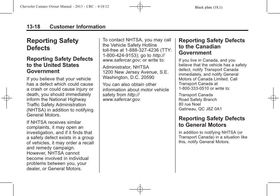 Reporting safety defects, Reporting safety defects to general motors | CHEVROLET 2013 Camaro User Manual | Page 388 / 414