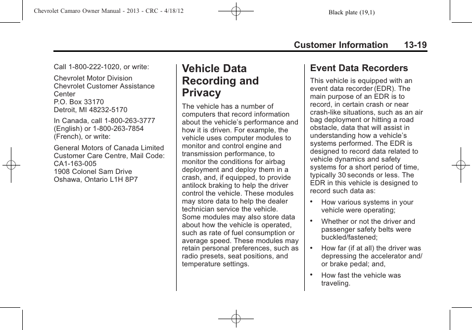 Vehicle data recording and privacy, Event data recorders, Customer information 13-19 | CHEVROLET 2013 Camaro User Manual | Page 389 / 414