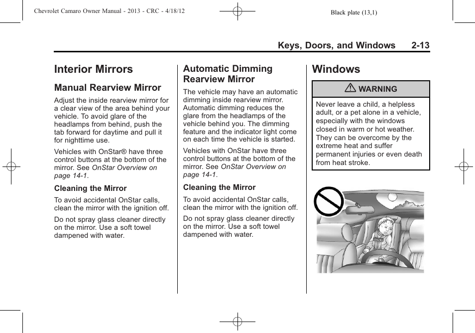 Interior mirrors, Manual rearview mirror, Automatic dimming rearview mirror | Windows | CHEVROLET 2013 Camaro User Manual | Page 39 / 414