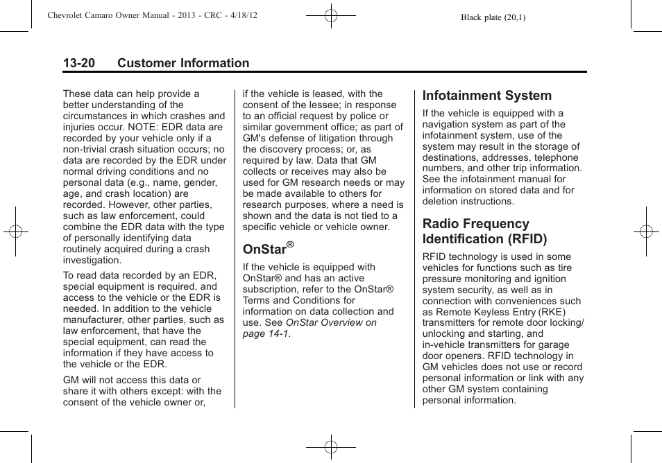 Onstar, Infotainment system, Radio frequency identification (rfid) | CHEVROLET 2013 Camaro User Manual | Page 390 / 414