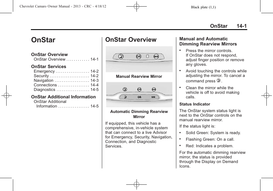Onstar, Onstar overview, Onstar 14-1 | CHEVROLET 2013 Camaro User Manual | Page 393 / 414