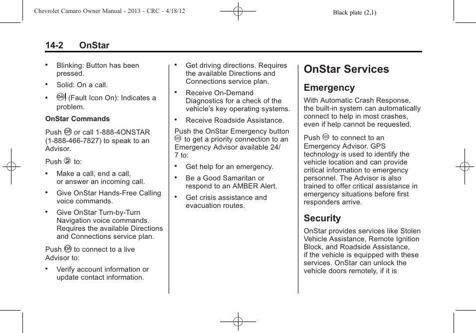 Onstar services, Emergency, Security | 2 onstar | CHEVROLET 2013 Camaro User Manual | Page 394 / 414