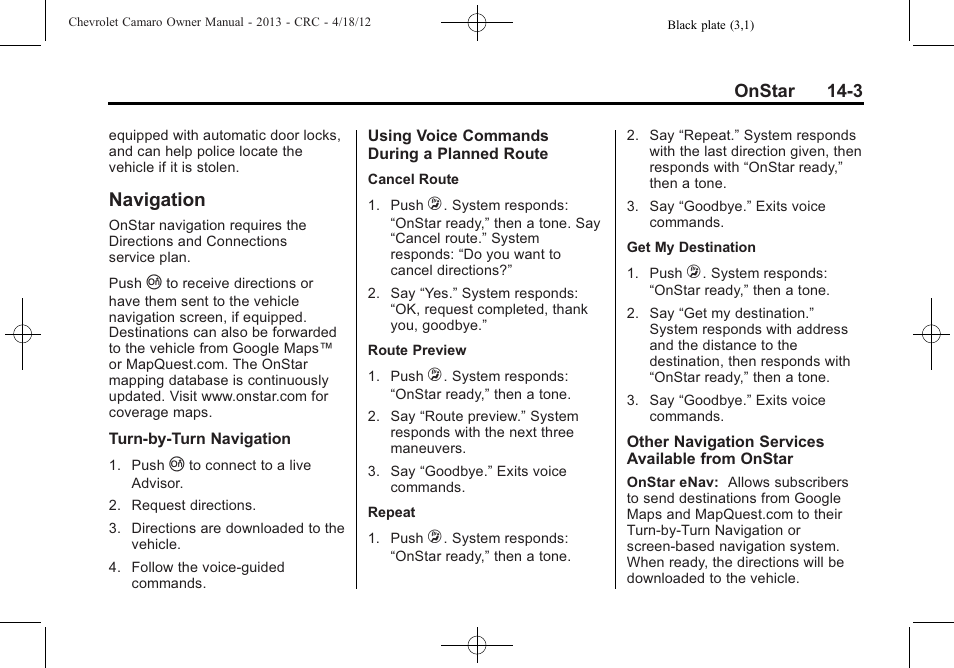 Navigation | CHEVROLET 2013 Camaro User Manual | Page 395 / 414