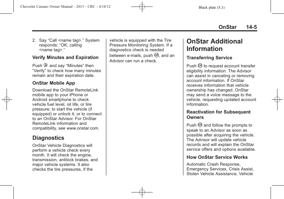 Diagnostics, Onstar additional information | CHEVROLET 2013 Camaro User Manual | Page 397 / 414