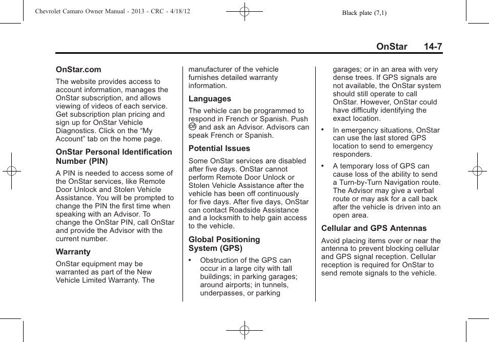 Onstar 14-7 | CHEVROLET 2013 Camaro User Manual | Page 399 / 414