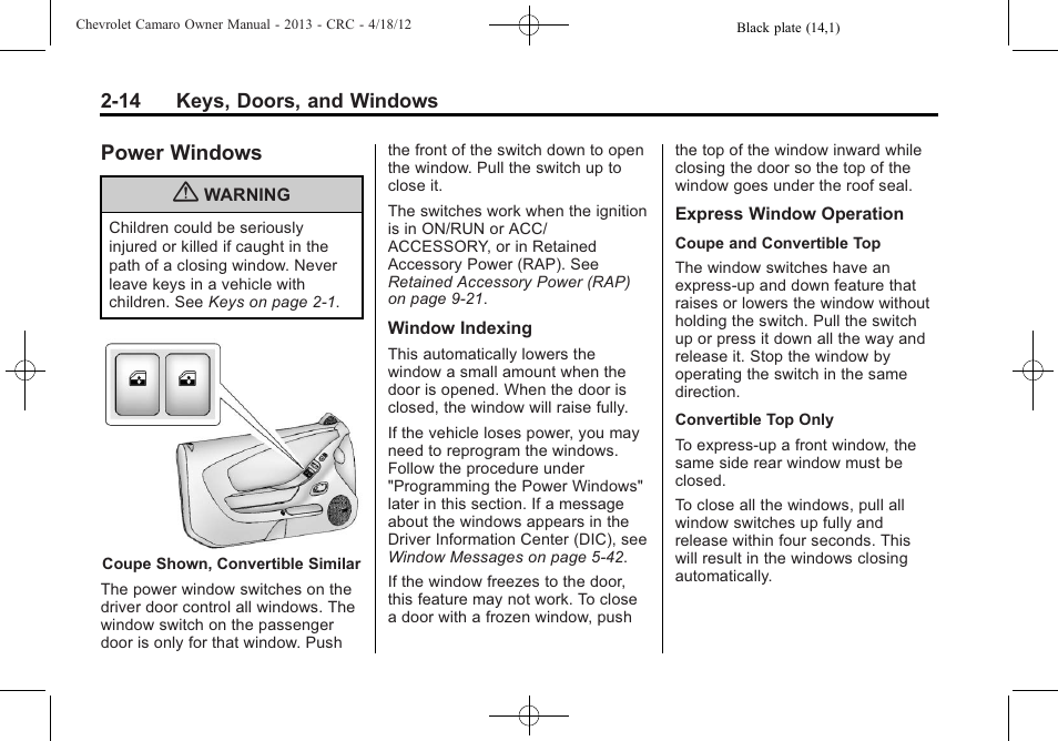 Power windows | CHEVROLET 2013 Camaro User Manual | Page 40 / 414