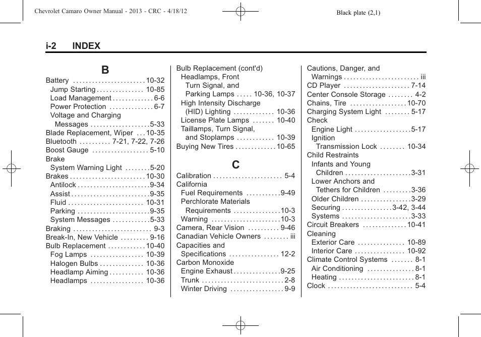 Index_b, Index_c, I-2 index | CHEVROLET 2013 Camaro User Manual | Page 404 / 414