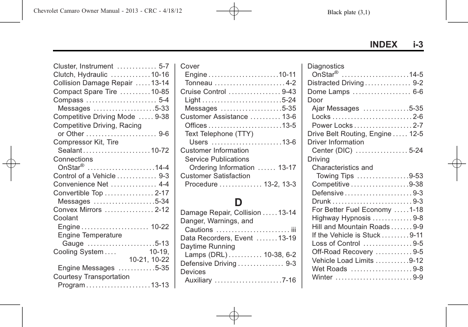 Index_d, Index i-3 | CHEVROLET 2013 Camaro User Manual | Page 405 / 414