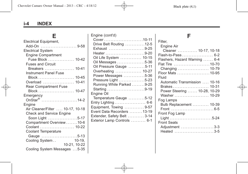 Index_e, Index_f, I-4 index | CHEVROLET 2013 Camaro User Manual | Page 406 / 414