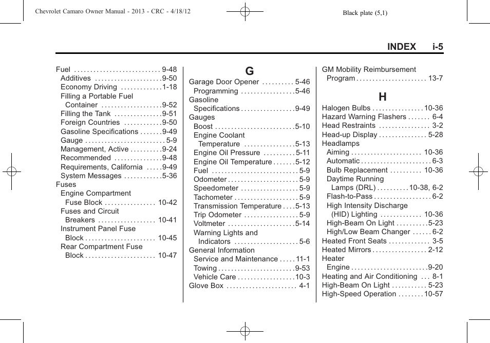 Index_g, Index_h, Index i-5 | CHEVROLET 2013 Camaro User Manual | Page 407 / 414
