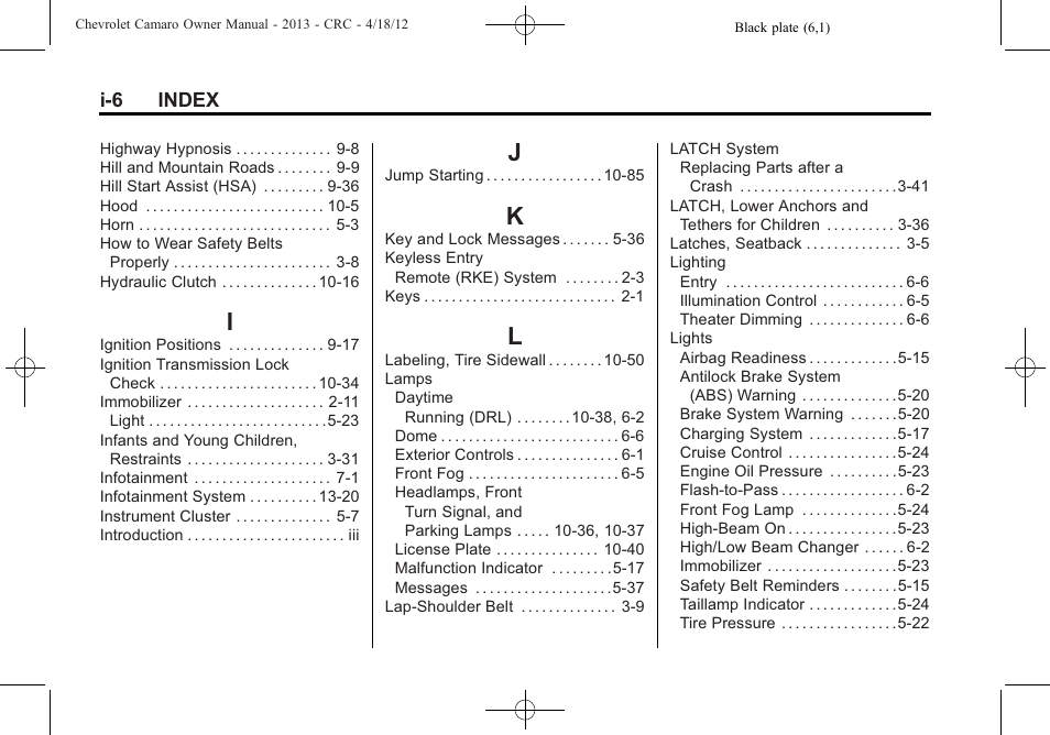 Index_i, Index_j, Index_k | Index_l | CHEVROLET 2013 Camaro User Manual | Page 408 / 414
