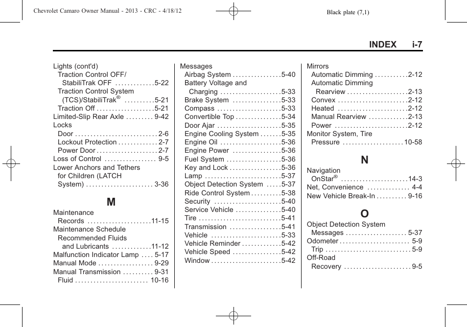 Index_m, Index_n, Index_o | Index i-7 | CHEVROLET 2013 Camaro User Manual | Page 409 / 414