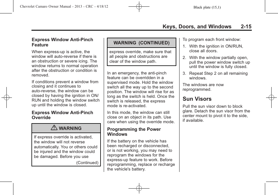 Sun visors | CHEVROLET 2013 Camaro User Manual | Page 41 / 414