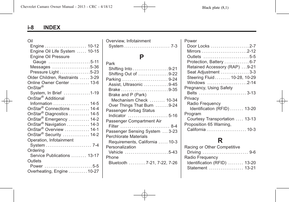 Index_p, Index_r, I-8 index | CHEVROLET 2013 Camaro User Manual | Page 410 / 414