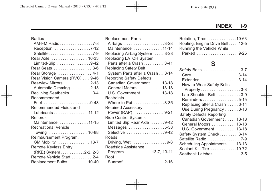 Index_s, Index i-9 | CHEVROLET 2013 Camaro User Manual | Page 411 / 414