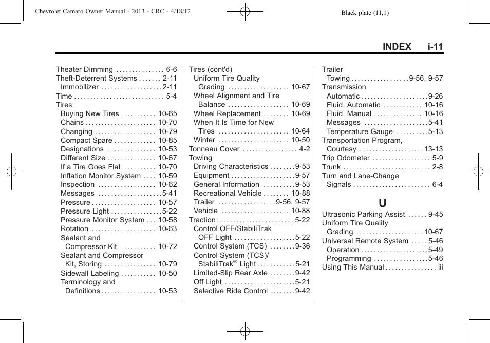 Index_u, Index i-11 | CHEVROLET 2013 Camaro User Manual | Page 413 / 414