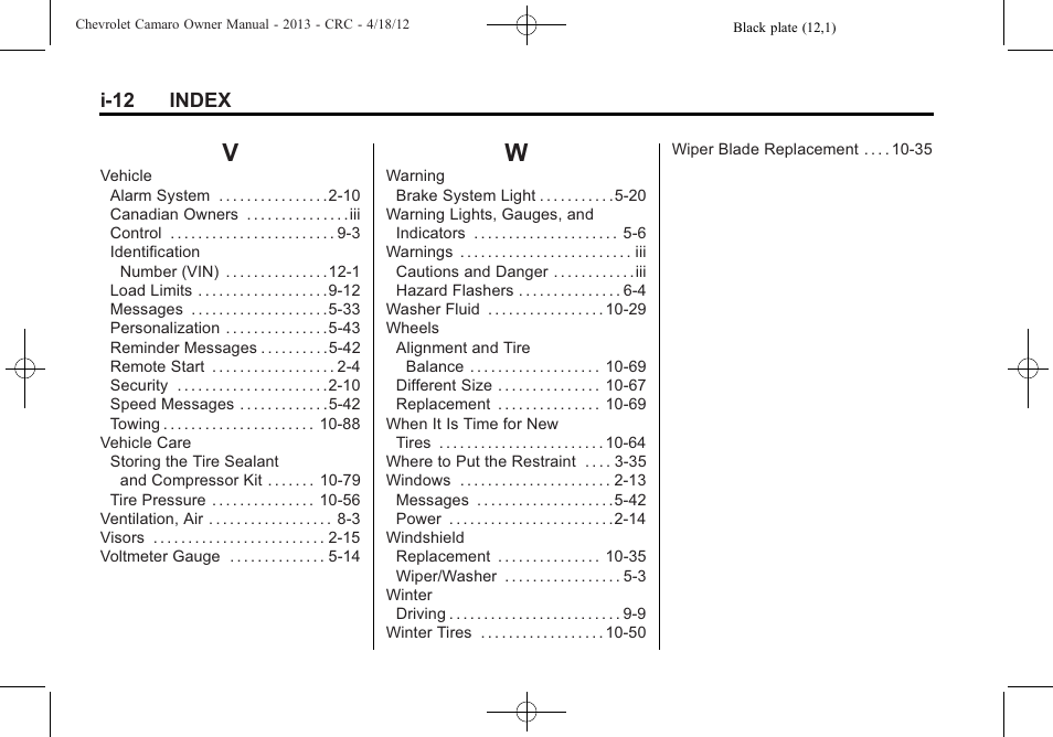 Index_v, Index_w | CHEVROLET 2013 Camaro User Manual | Page 414 / 414