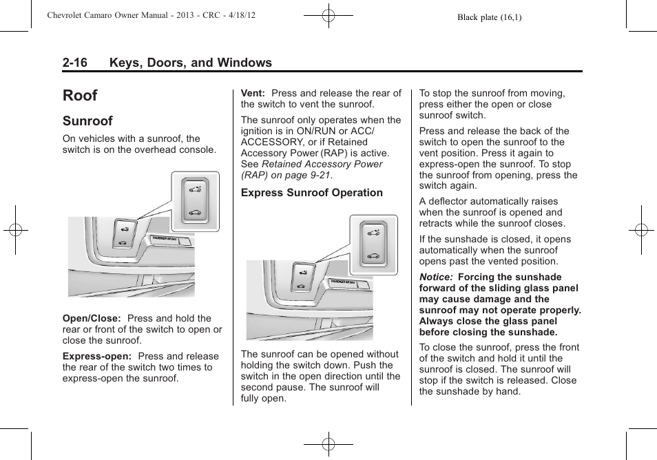 Roof, Sunroof | CHEVROLET 2013 Camaro User Manual | Page 42 / 414