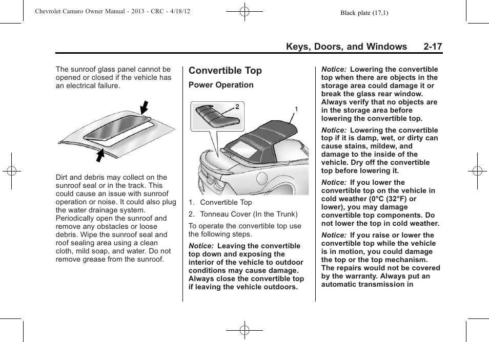 Convertible top | CHEVROLET 2013 Camaro User Manual | Page 43 / 414