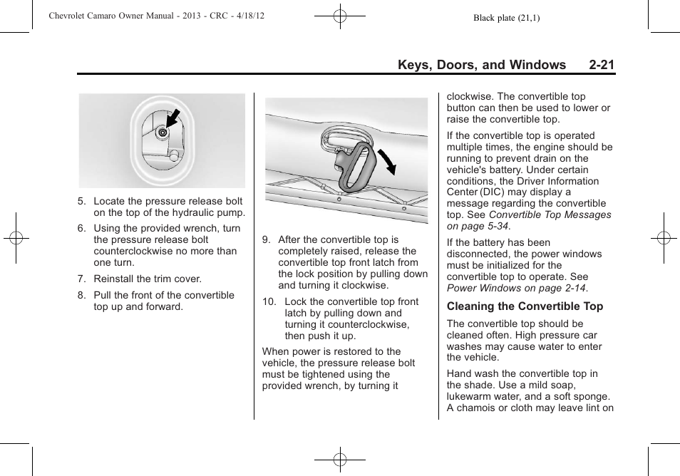 Keys, doors, and windows 2-21 | CHEVROLET 2013 Camaro User Manual | Page 47 / 414