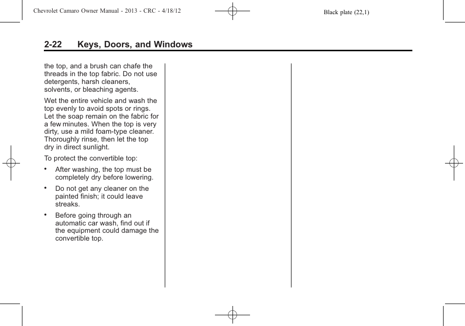 22 keys, doors, and windows | CHEVROLET 2013 Camaro User Manual | Page 48 / 414