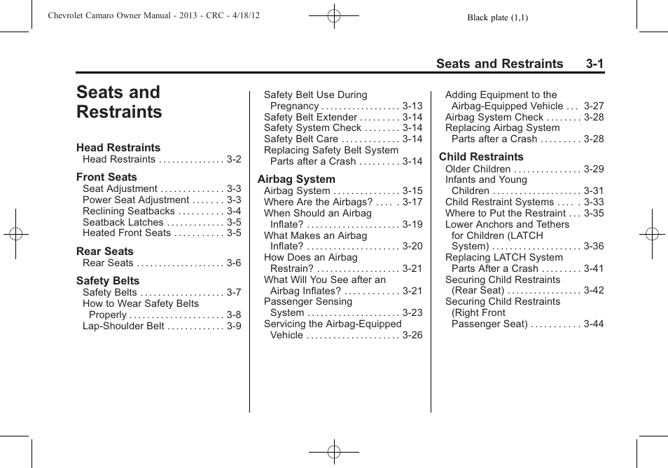 Seats and restraints, Seats and restraints 3-1 | CHEVROLET 2013 Camaro User Manual | Page 49 / 414