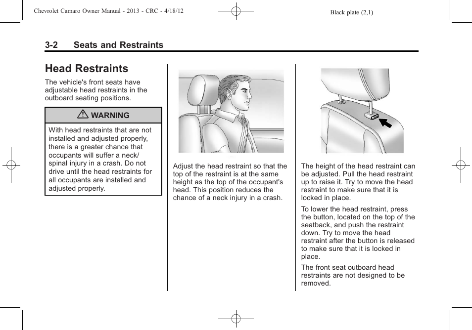 Head restraints | CHEVROLET 2013 Camaro User Manual | Page 50 / 414