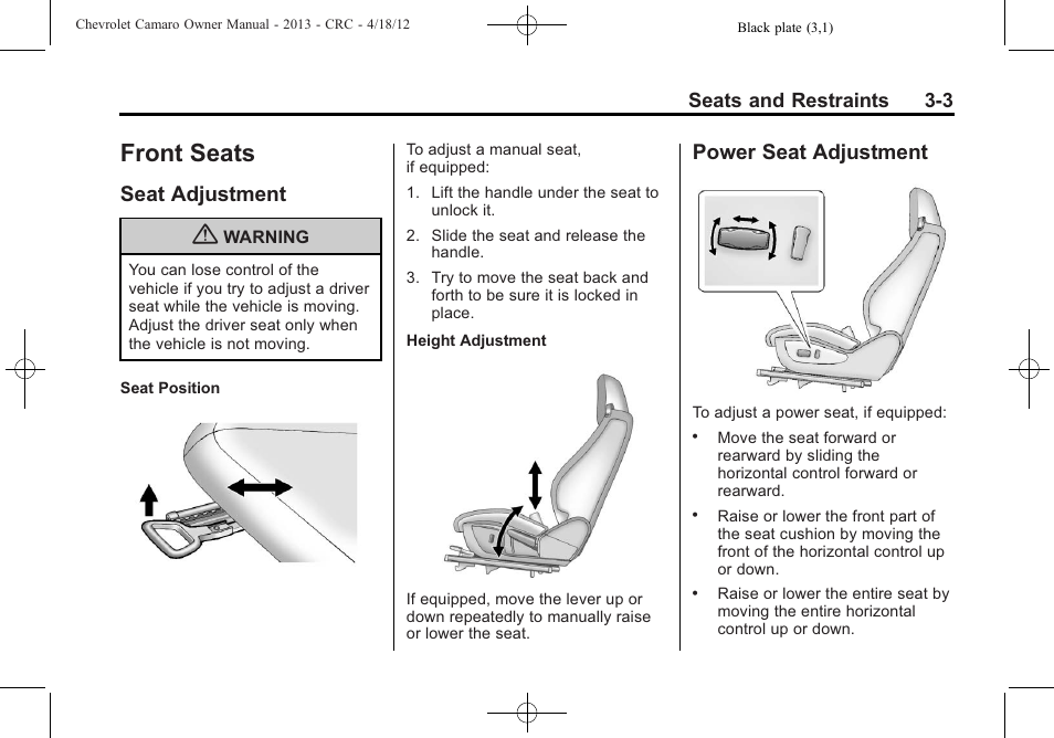 Front seats, Seat adjustment, Power seat adjustment | CHEVROLET 2013 Camaro User Manual | Page 51 / 414