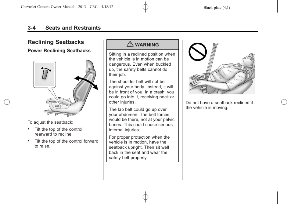 Reclining seatbacks | CHEVROLET 2013 Camaro User Manual | Page 52 / 414