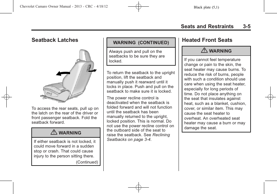 Seatback latches, Heated front seats | CHEVROLET 2013 Camaro User Manual | Page 53 / 414