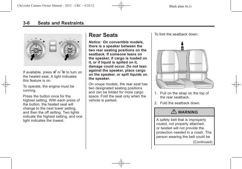 Rear seats | CHEVROLET 2013 Camaro User Manual | Page 54 / 414