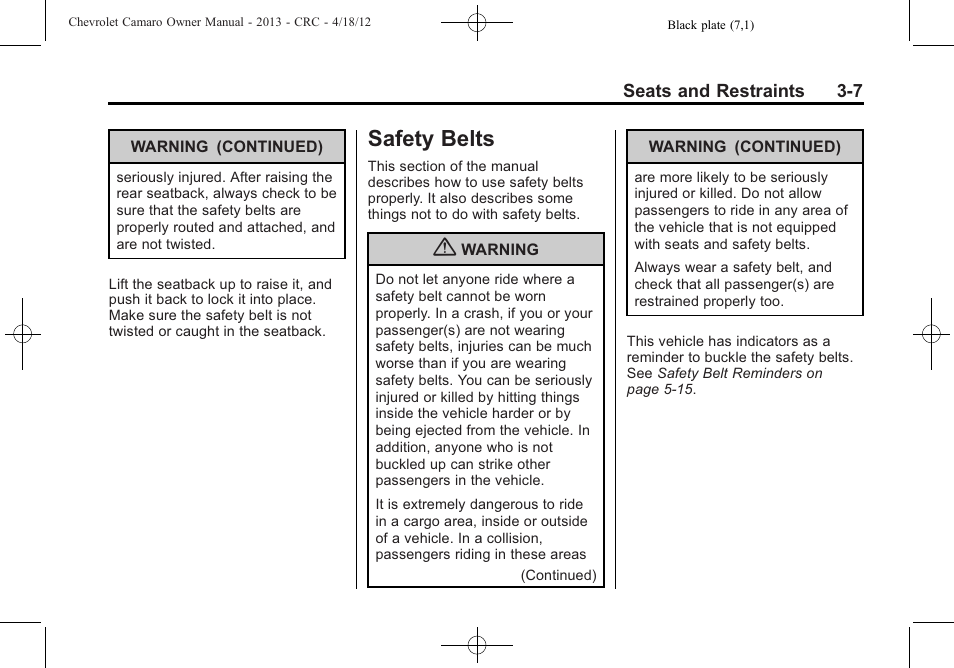 Safety belts | CHEVROLET 2013 Camaro User Manual | Page 55 / 414