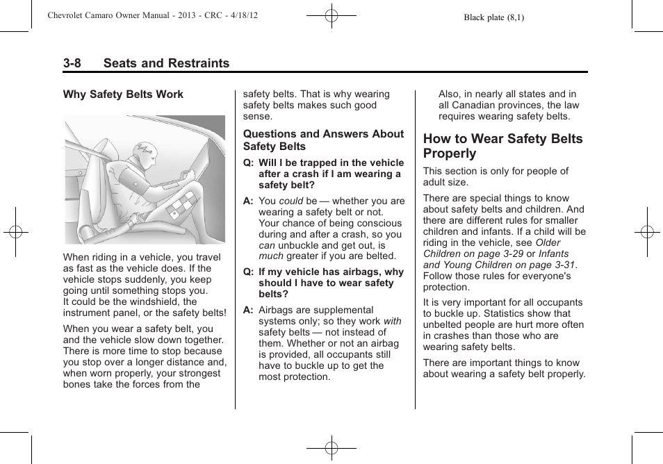 How to wear safety belts properly, 8 seats and restraints | CHEVROLET 2013 Camaro User Manual | Page 56 / 414