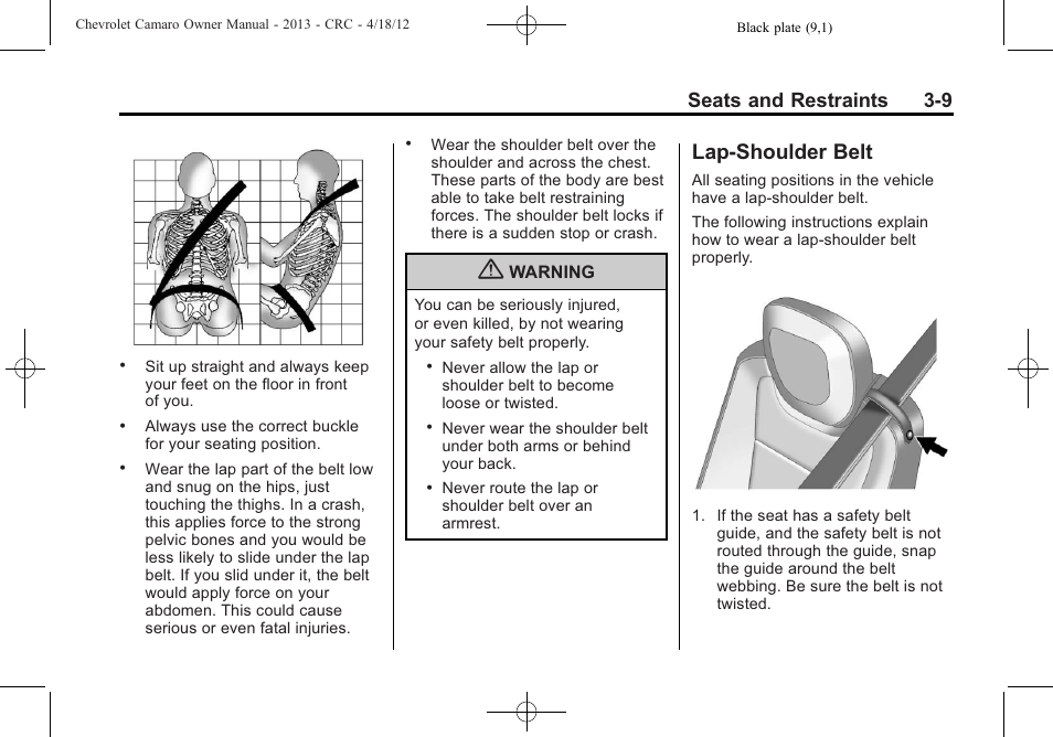 Lap-shoulder belt, Seats and restraints 3-9 | CHEVROLET 2013 Camaro User Manual | Page 57 / 414