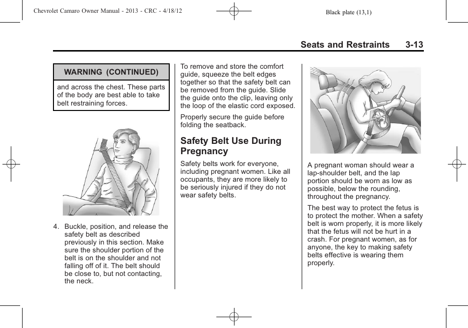 Safety belt use during pregnancy | CHEVROLET 2013 Camaro User Manual | Page 61 / 414
