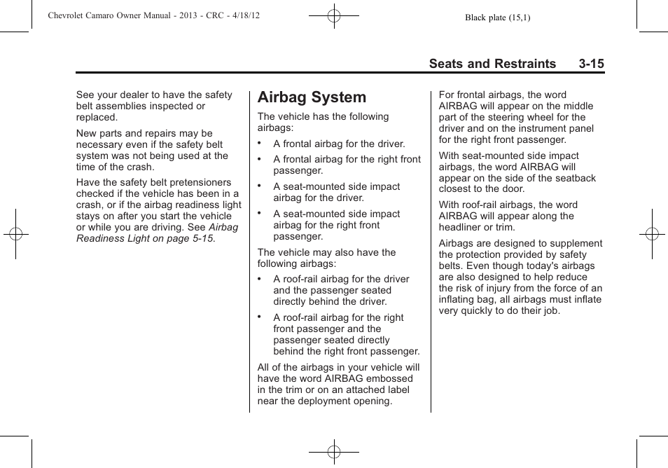 Airbag system, Seats and restraints 3-15 | CHEVROLET 2013 Camaro User Manual | Page 63 / 414
